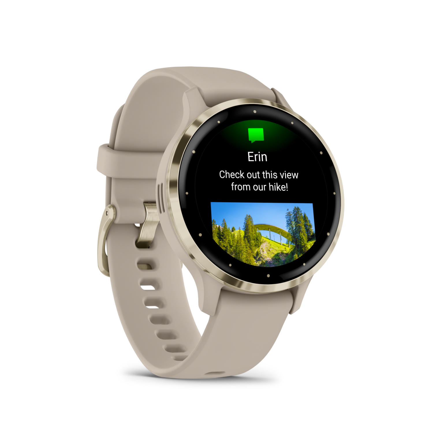A beige smartwatch shows a photo of a bridge with trees. Text: 'Check out this view from our hike!'