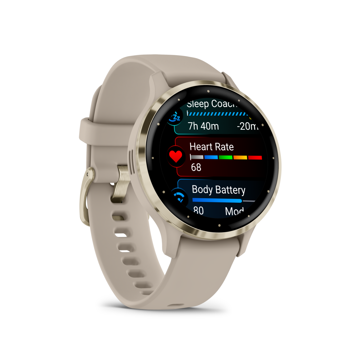 Smartwatch with heart rate, sleep, and body battery metrics on display.