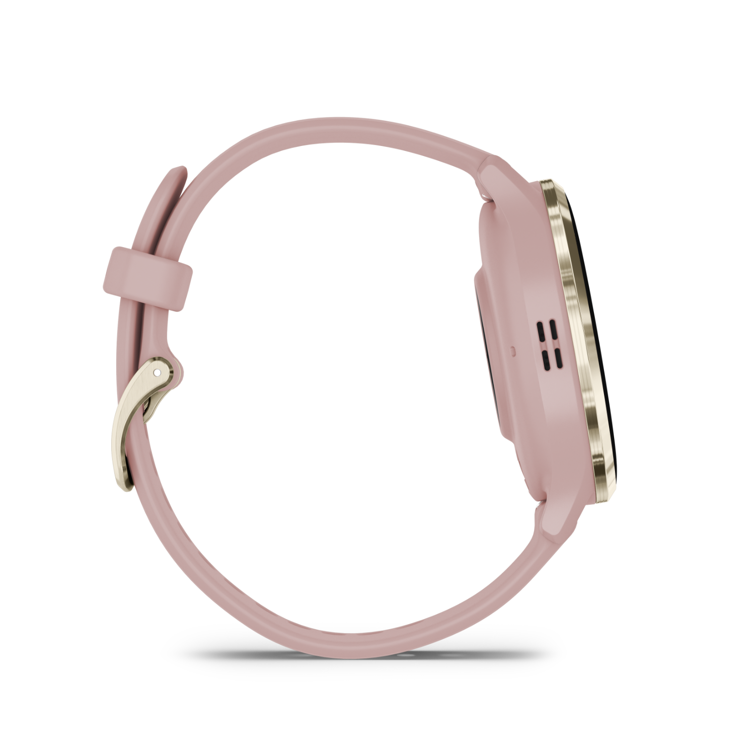 A pink smartwatch with a gold bezel and band, viewed from the side, on a black background.