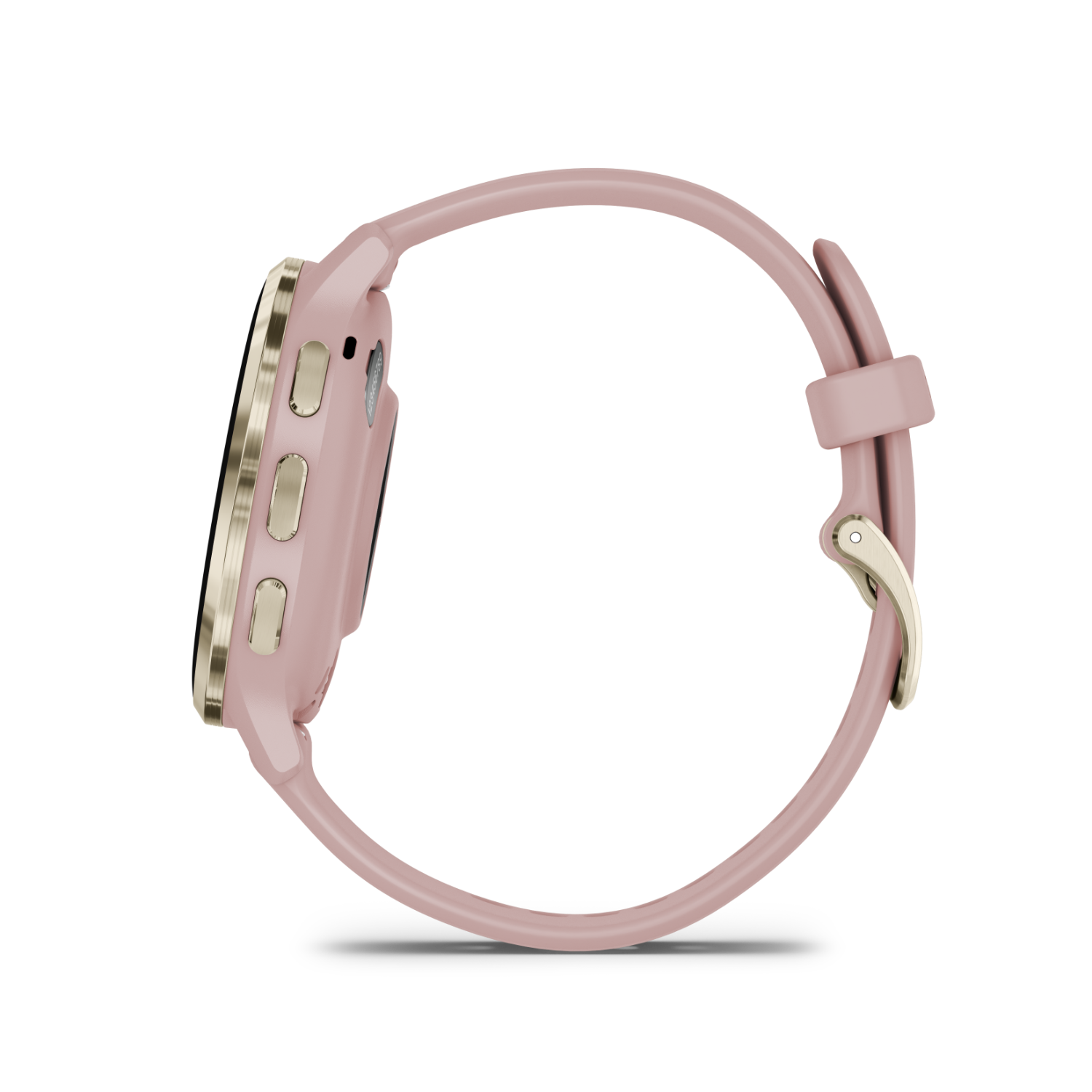 A side view of a pink smartwatch with a gold bezel and band.