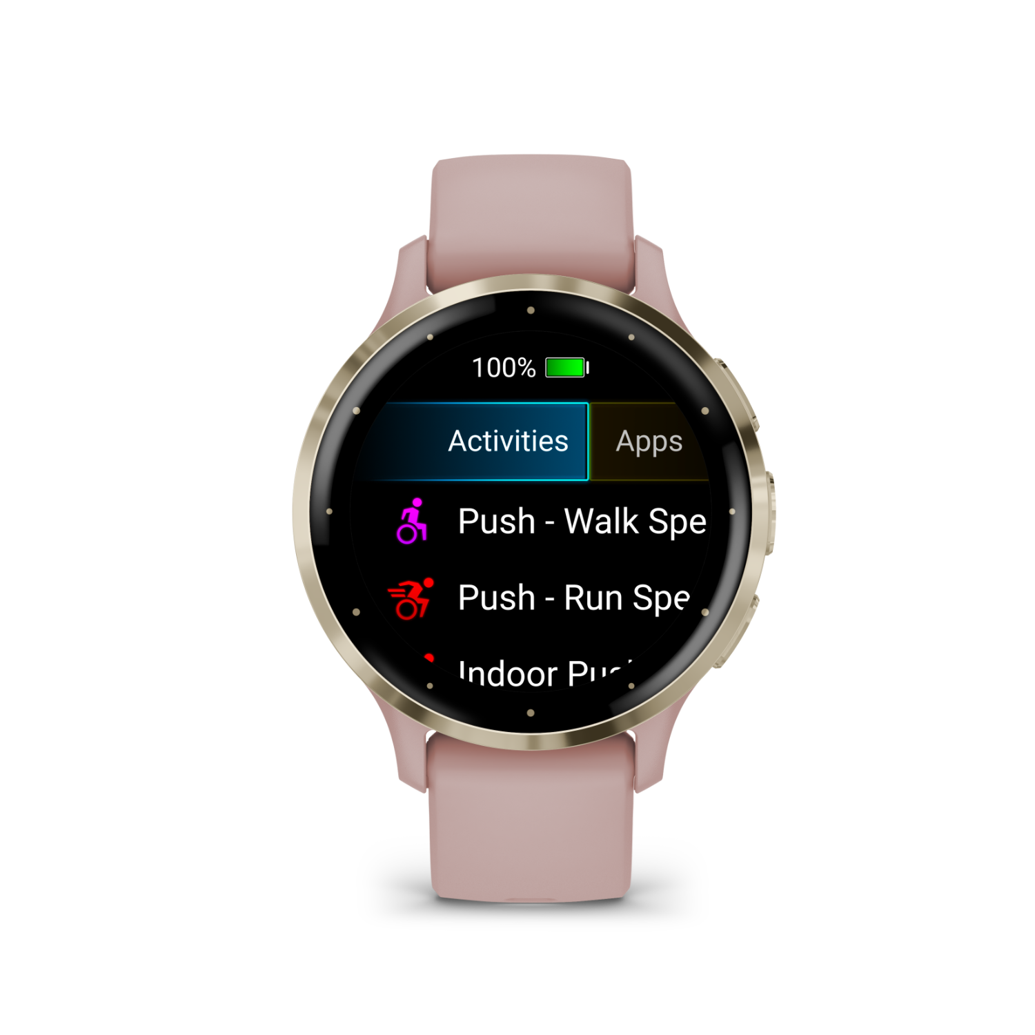 A pink smartwatch shows 'Activities' and 'Apps'. Options include 'Push-Walk' and 'Push-Run'.