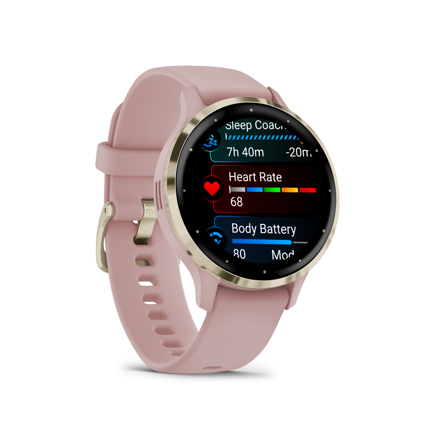 A smartwatch displaying health metrics: heart rate, sleep coach, and body battery. The band is pink.