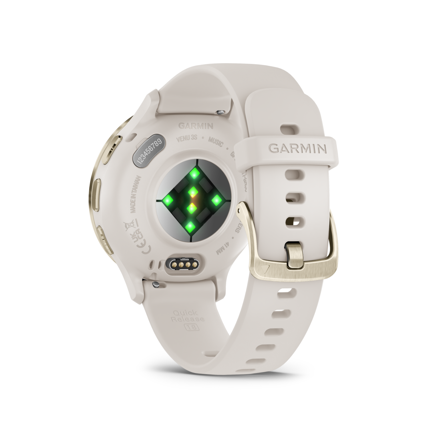The back of a smartwatch with sensors and a heart rate monitor, surrounded by a white strap.