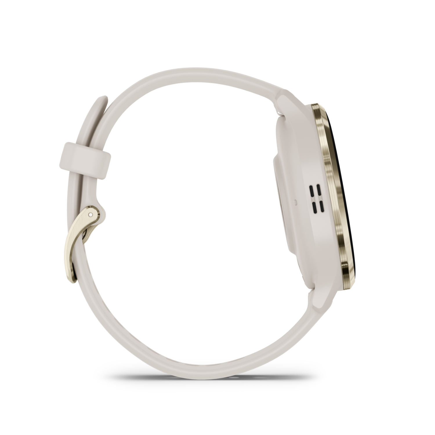 Side view of a cream-colored smartwatch on black.