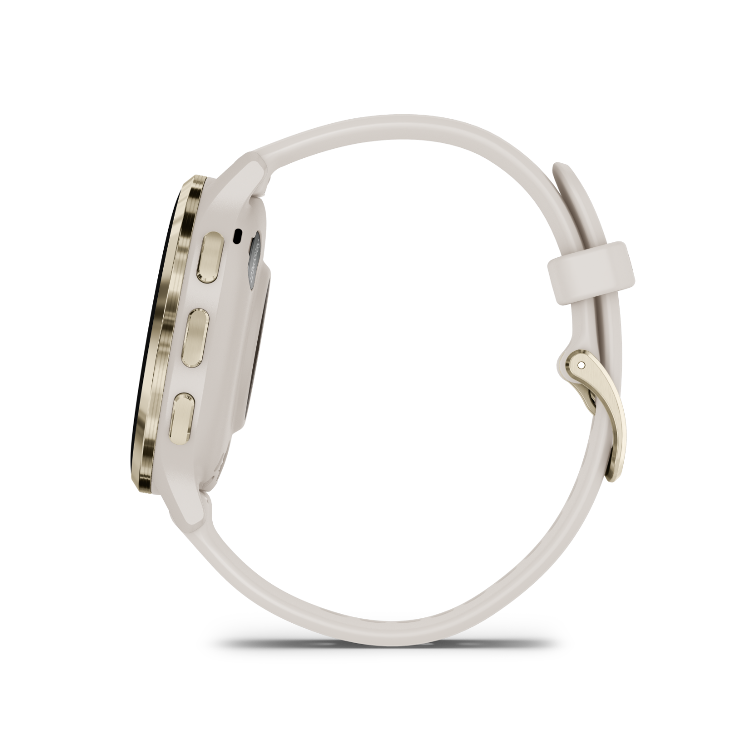 A side view of a beige smartwatch with a light band and gold-colored accents on a black background.