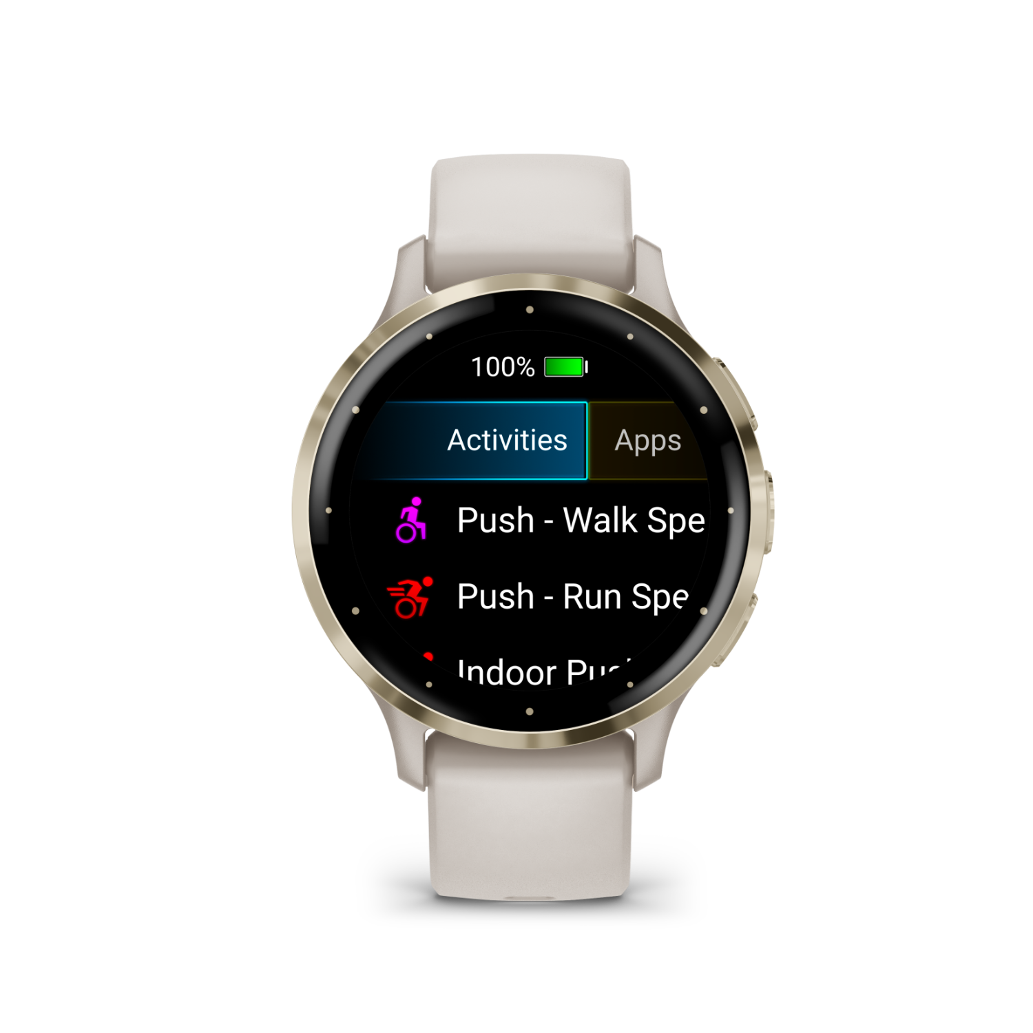 Smartwatch with beige band displays activity options. Battery at 100%. Apps and activities are selectable on the screen.