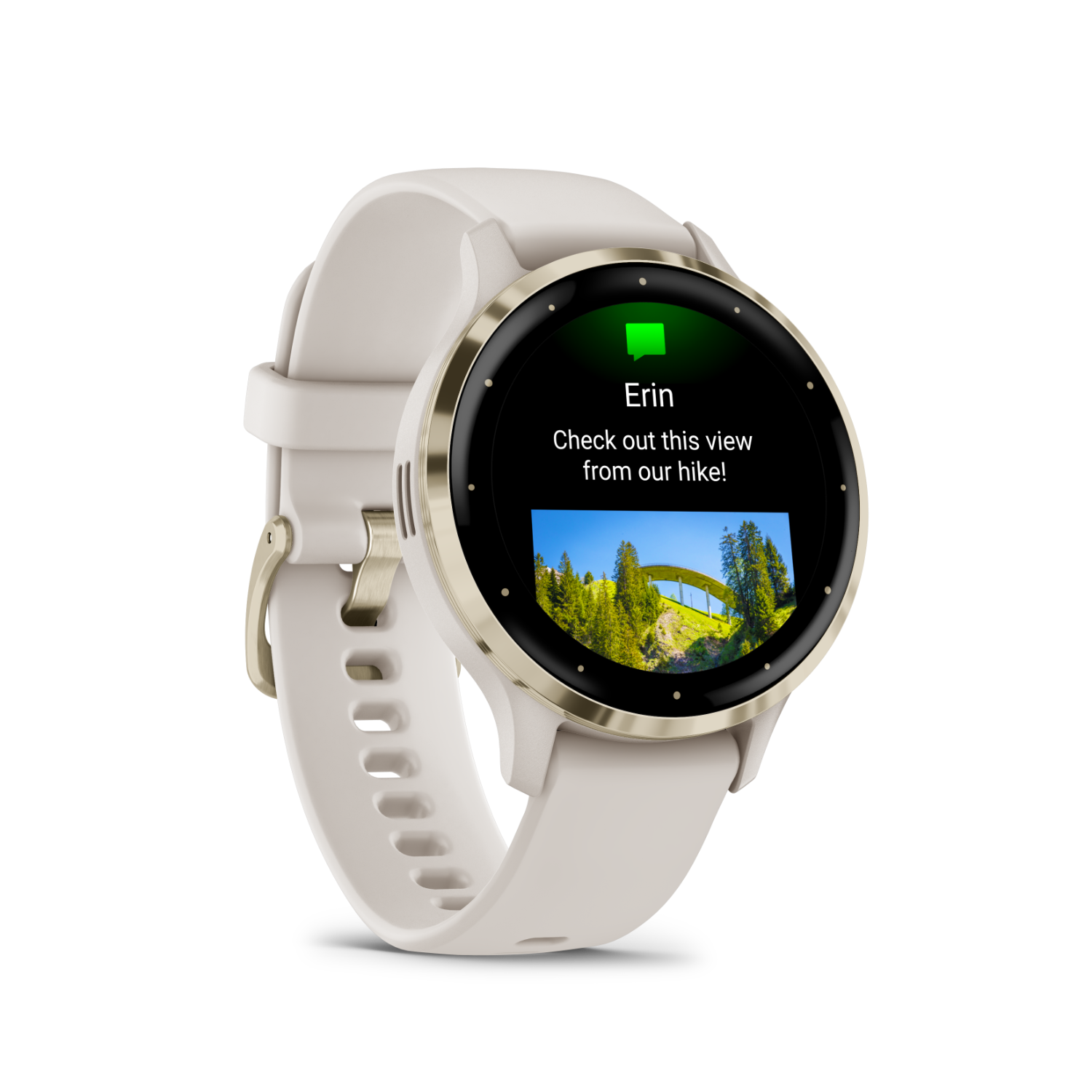 Smartwatch with a light band displays a message: Check out this view from our hike!