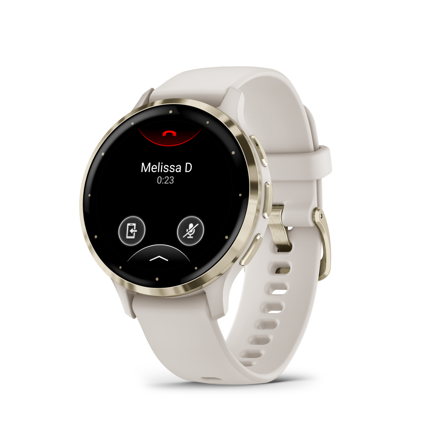 Smartwatch with white strap displaying a call from Melissa D. on a black screen.