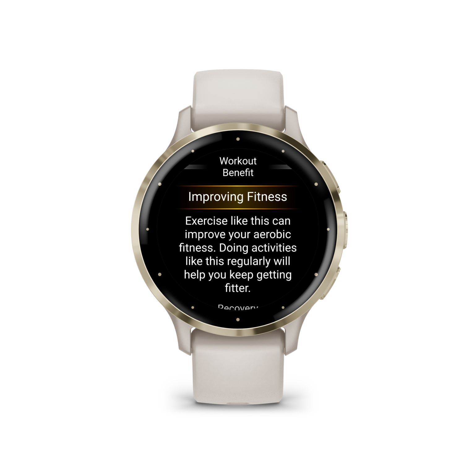 A smartwatch displays workout benefit information.