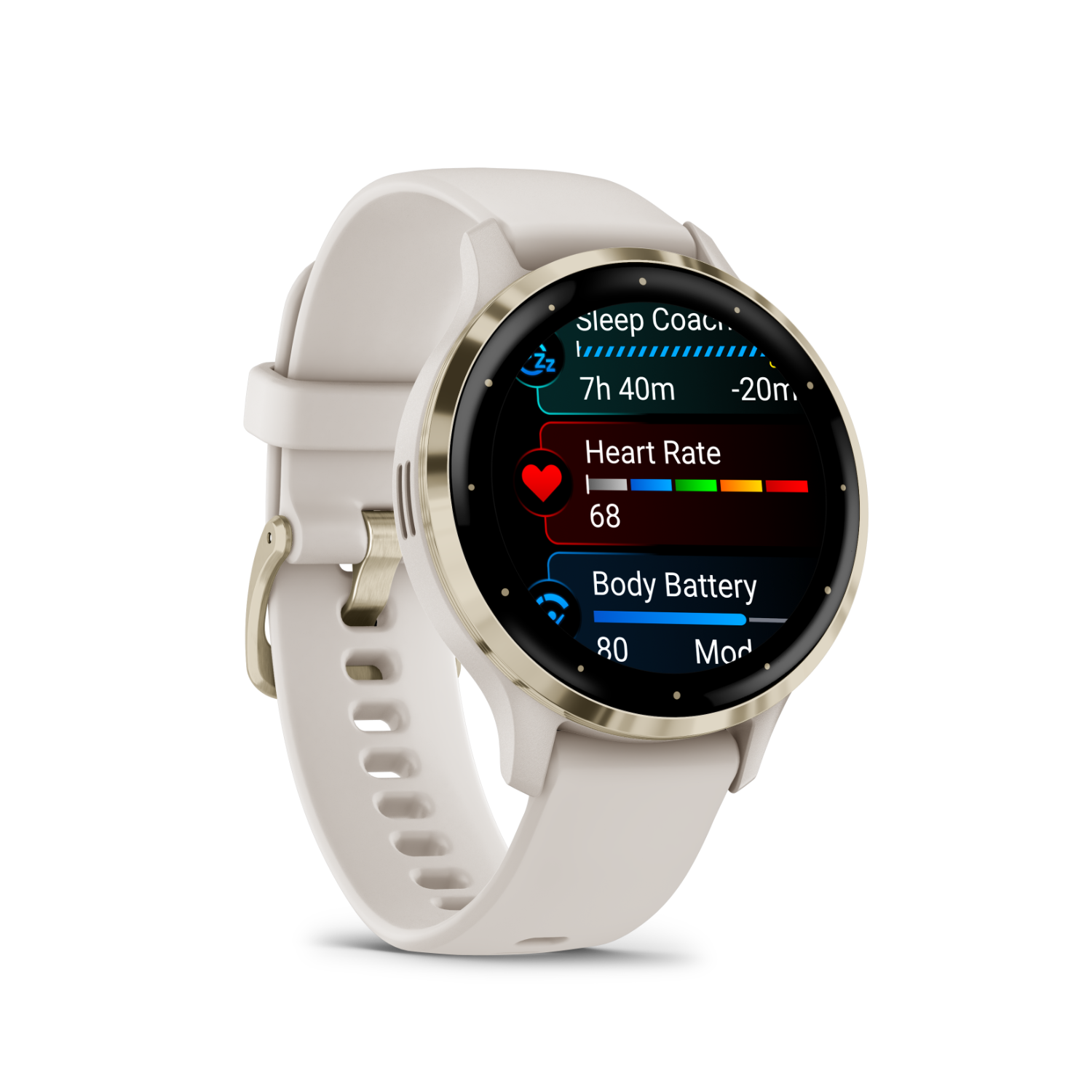 A smartwatch showing health metrics. The strap is light beige, with a gold frame.