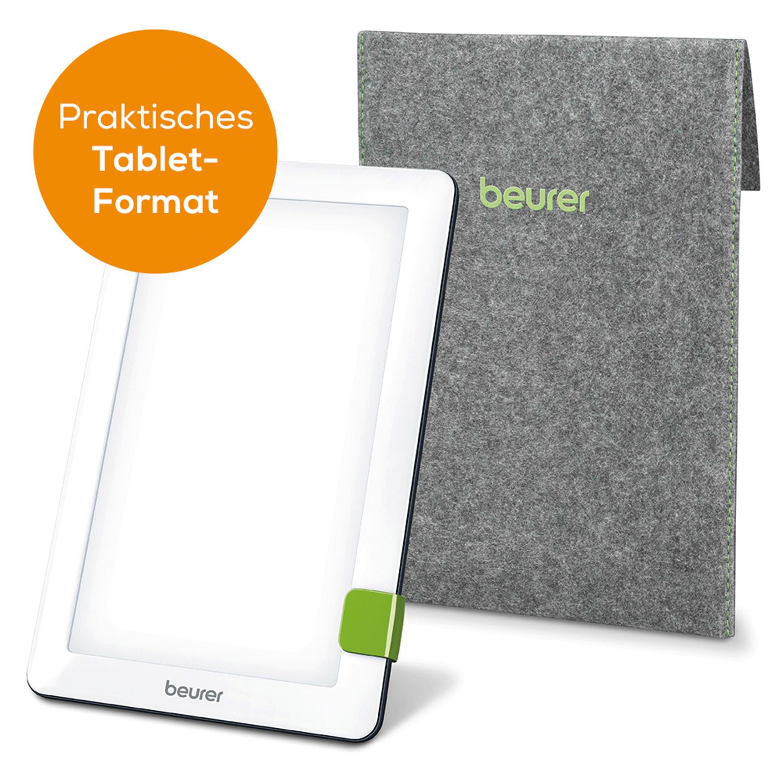 Eine weiße Lichttherapielampe mit grauem Etui und dem Text 'Praktisches Tablet-Format'.