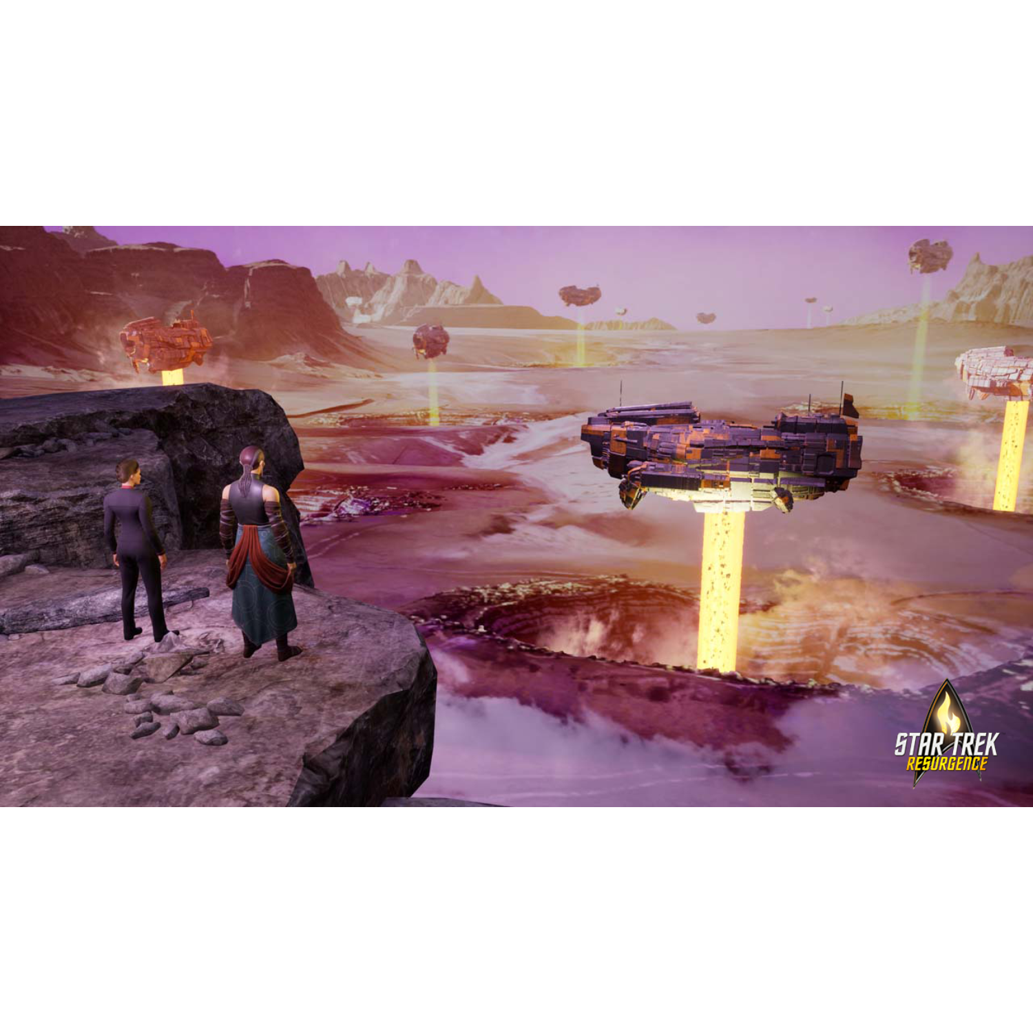 Star Trek-game scene: Twee figuren op een klif, kijkend naar ruimteschepen boven een rood landschap.