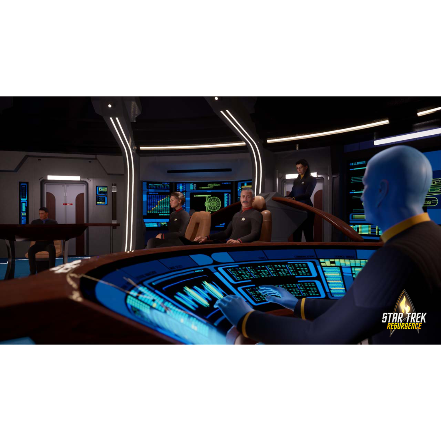 Star Trek-scène. Crewleden in een brugomgeving.