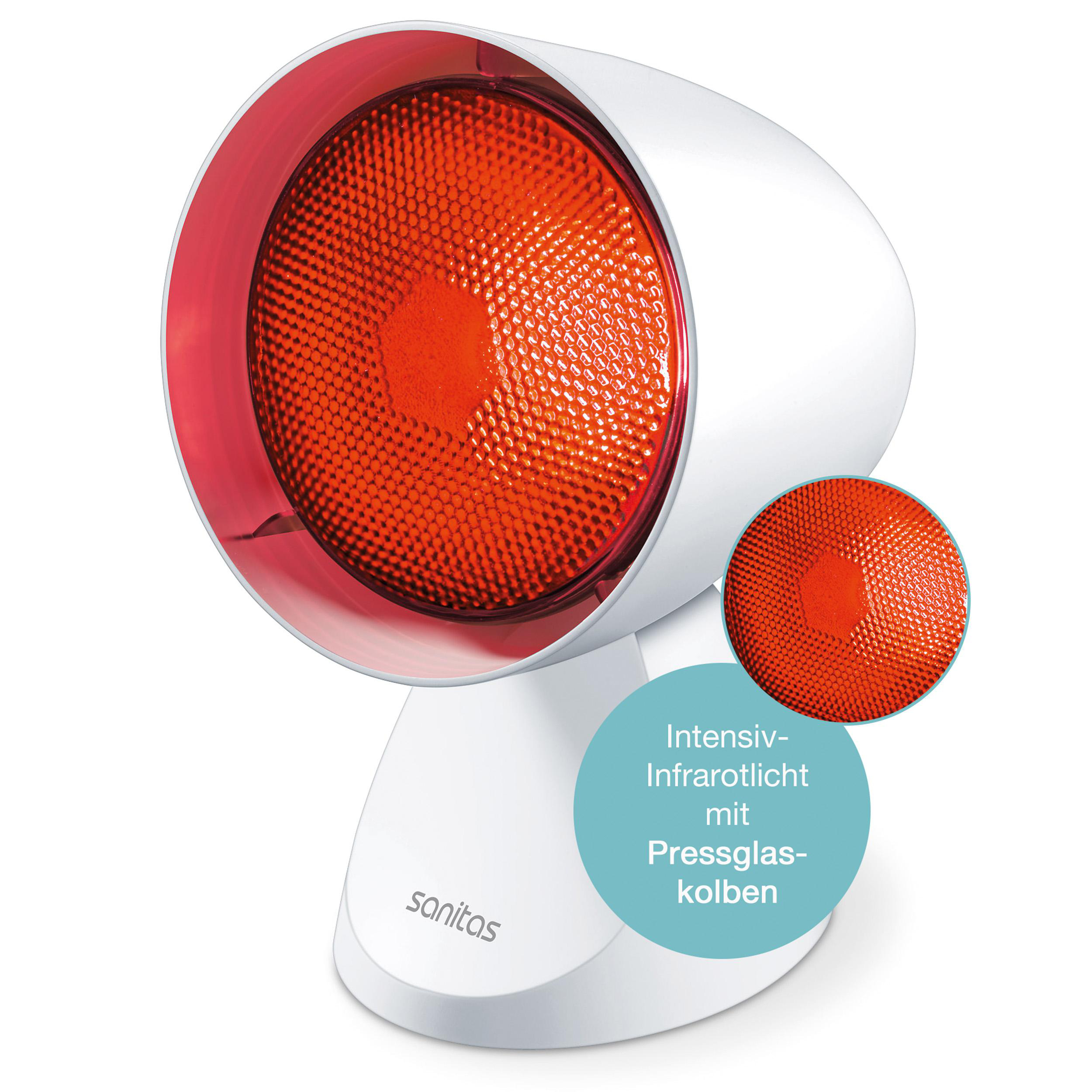 Weiße und rote Infrarotlampe auf weißer Oberfläche. Nahaufnahme der Lampe sichtbar.