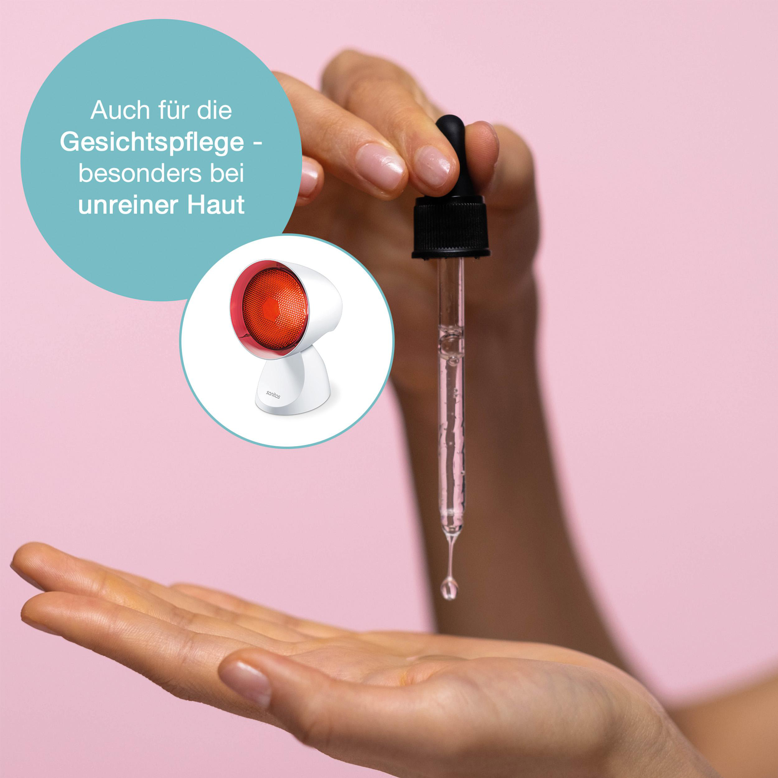 Eine Hand, die eine Pipette mit Flüssigkeit, rotem Licht und pinkem Hintergrund hält.