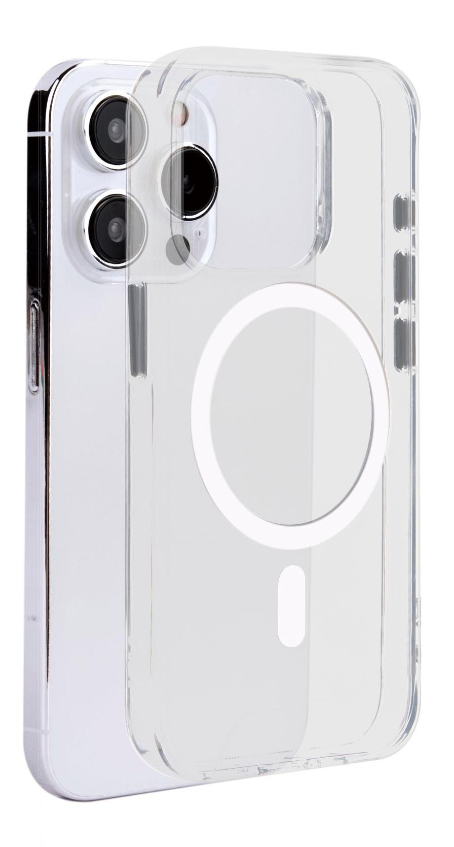 Transparente Handyhülle über einem silbernen Telefon, mit Kameraausschnitten.