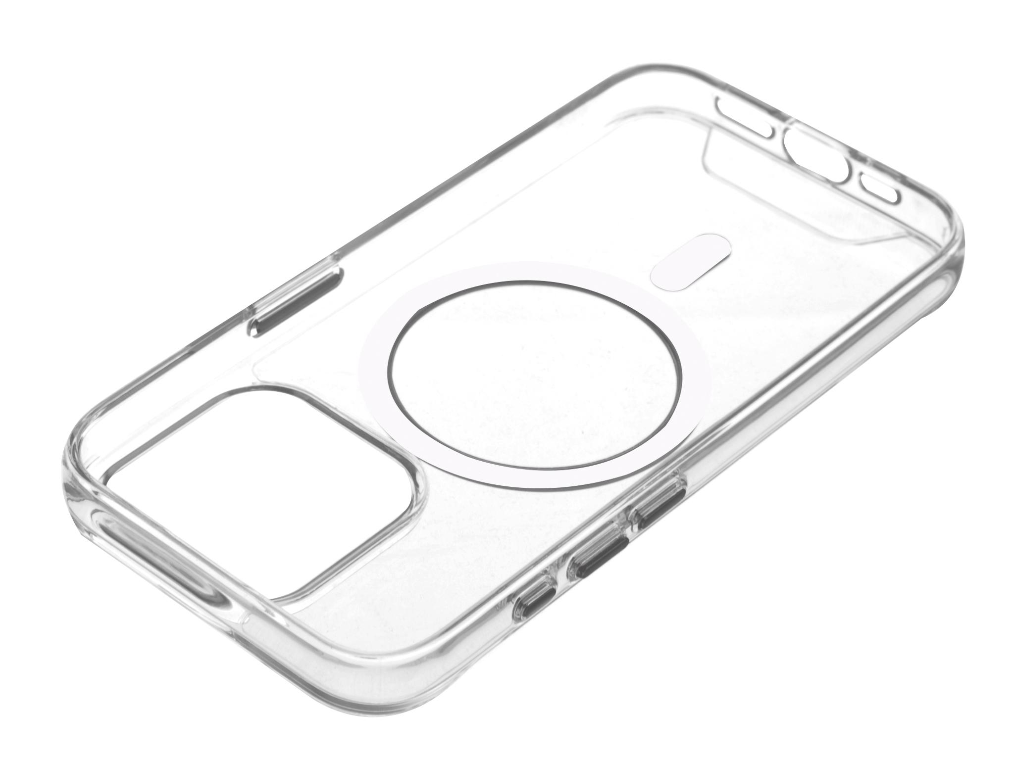 Transparente iPhone-Hülle mit MagSafe-Ring, schräge Ansicht, freigestellt auf Weiß.