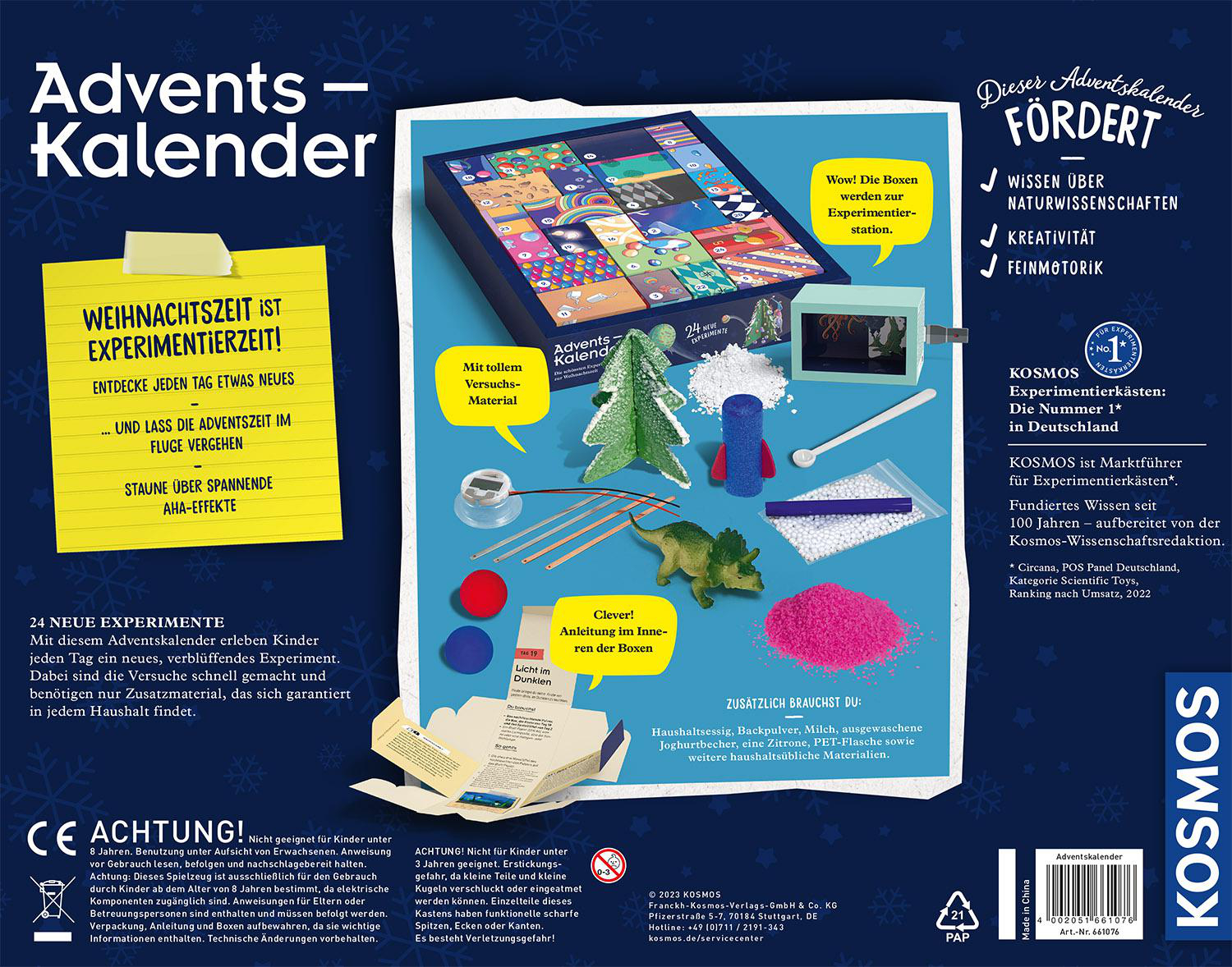 Adventskalender mit Spielzeug. Text auf Deutsch: Weihnachtszeit ist Experimentierzeit! Viele kleine Spielzeugartikel.