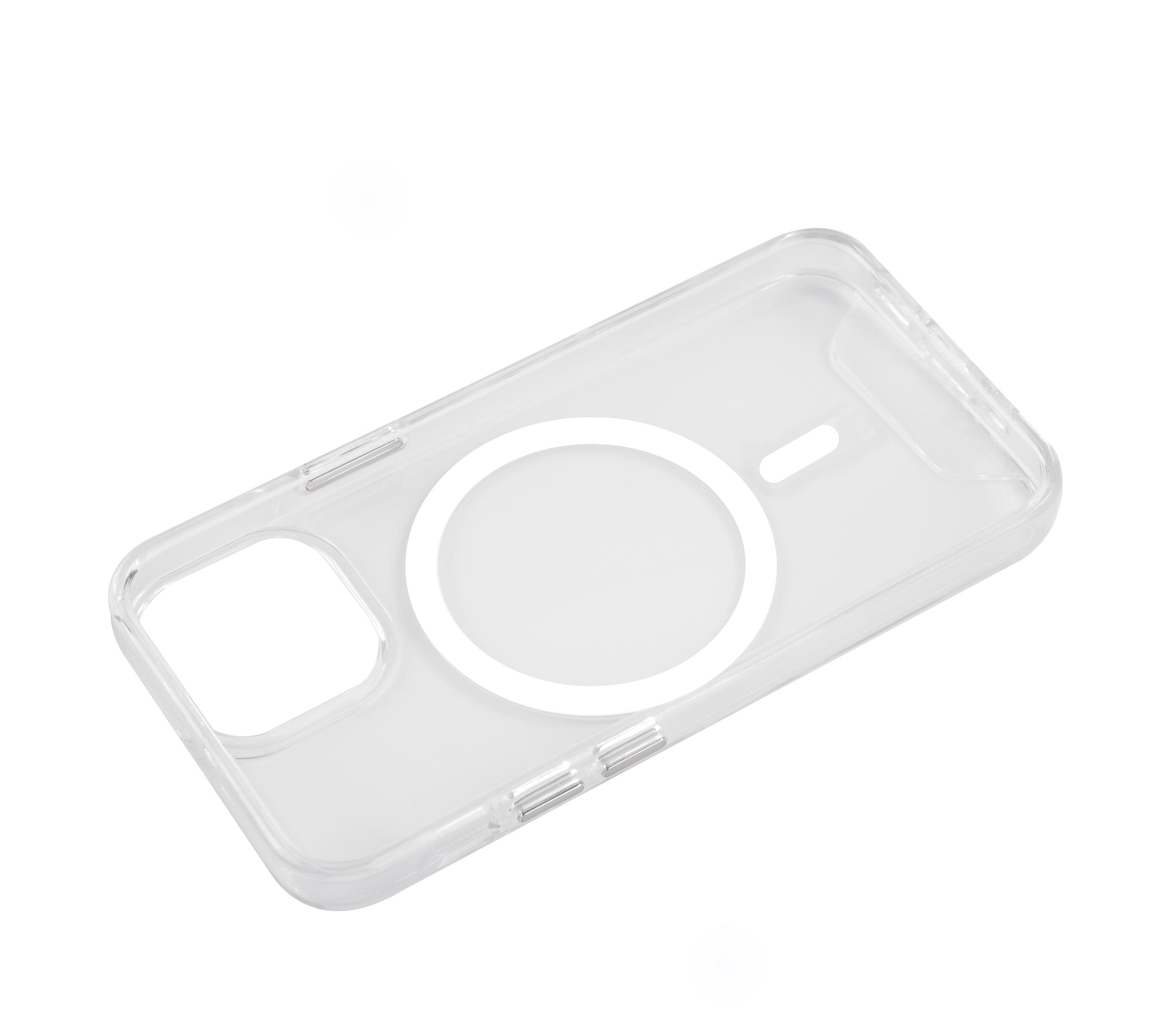 Eine transparente Handyhülle mit einem weißen kreisförmigen Element für MagSafe.