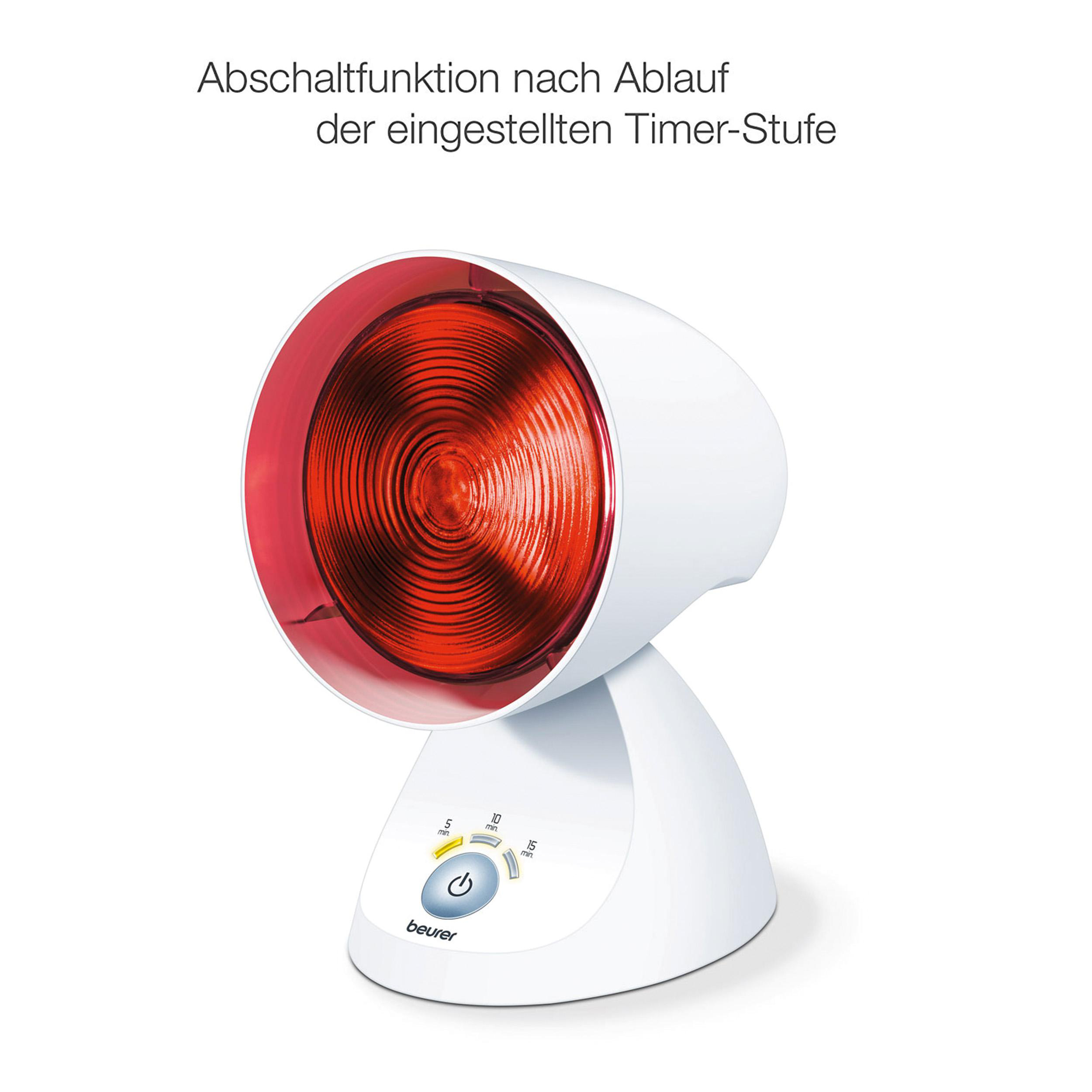 Eine weiße Infrarotlampe mit roter Glühbirne.