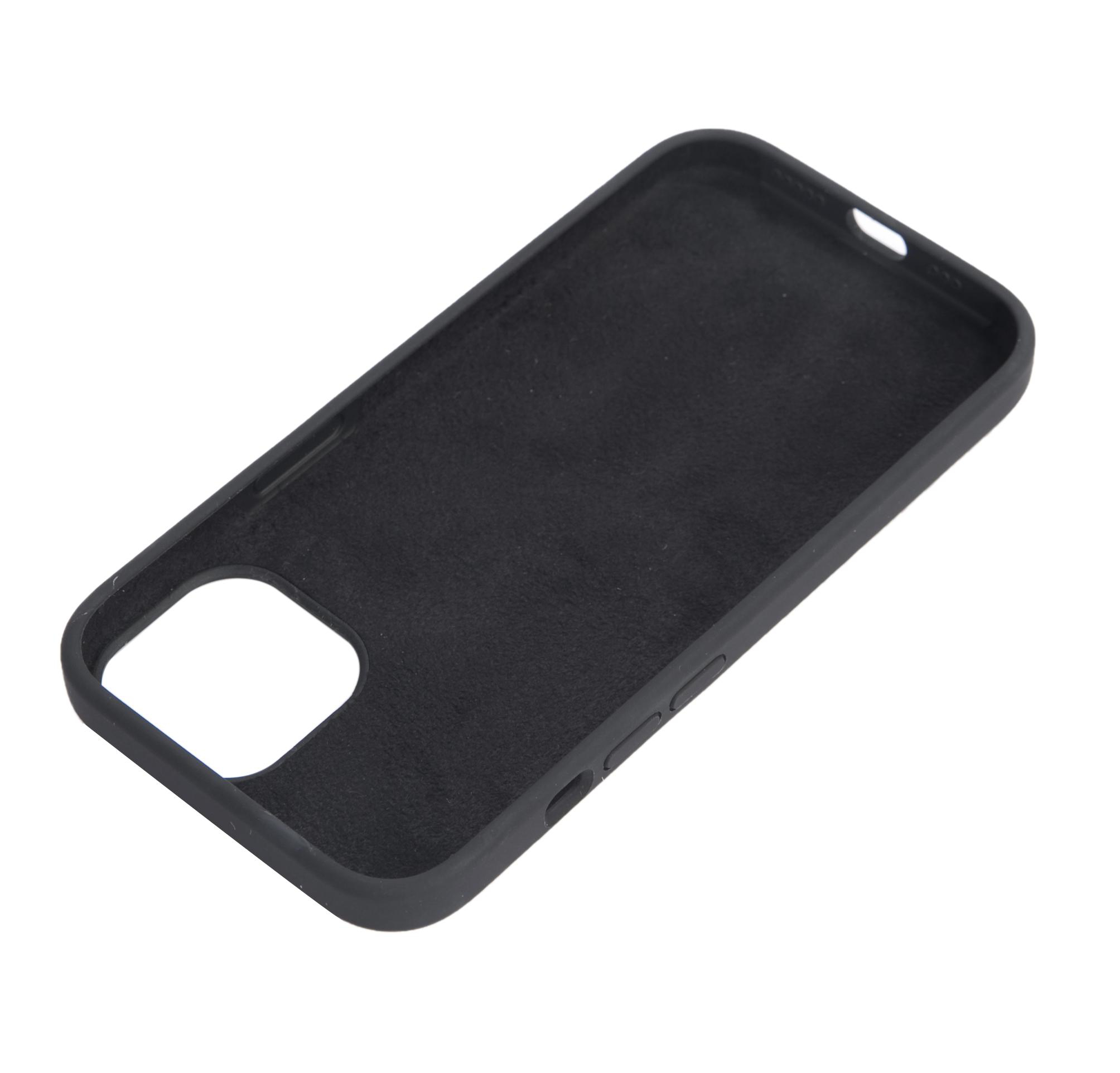 Eine schwarze Handyhülle ohne Telefon. Die Innenseite ist strukturiert.