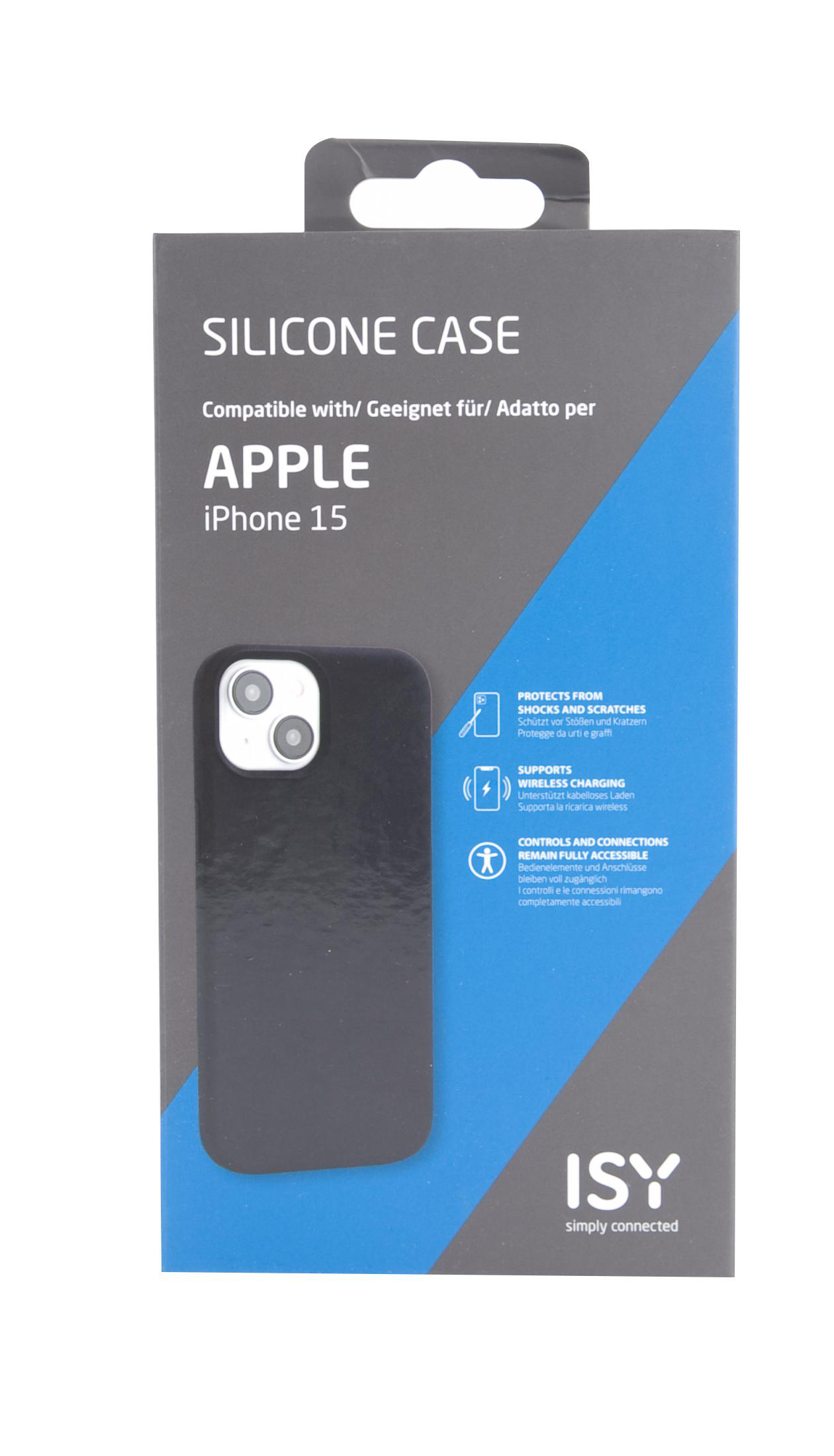 Schwarze Silikon-iPhone-15-Hülle in ihrer Verpackung.