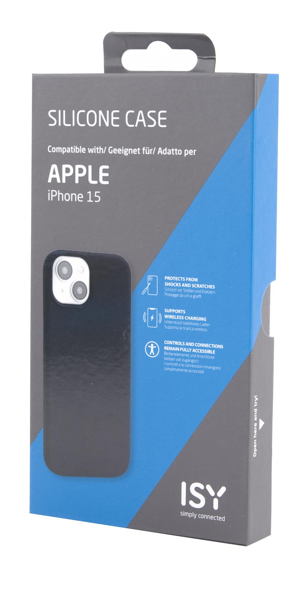 Telefonhüllenbox, schwarze Hülle sichtbar, mit "Silikonhülle" und "iPhone 15" Etiketten.
