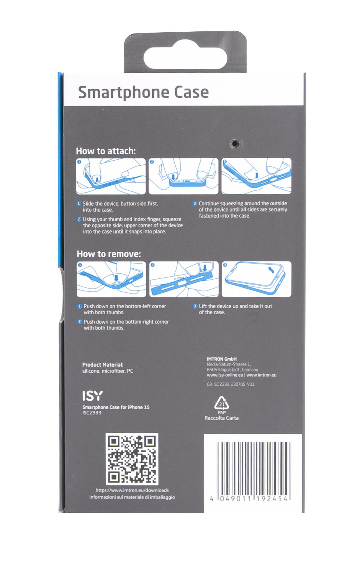 Smartphone-Hüllenverpackung mit Anweisungen zum Anbringen und Entfernen der Hülle.