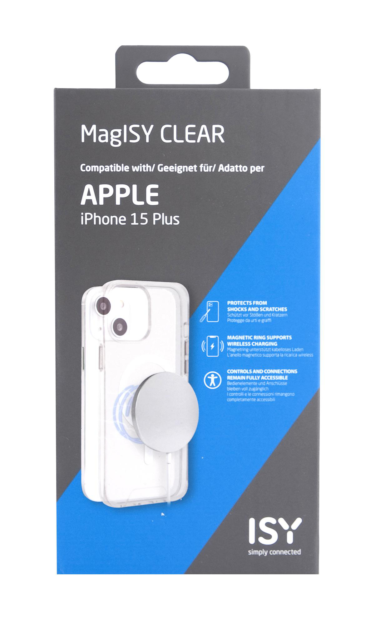 Transparente Handyhülle mit einem weißen MagSafe-Ladegerät, auf einer schwarz-blauen Box dargestellt.