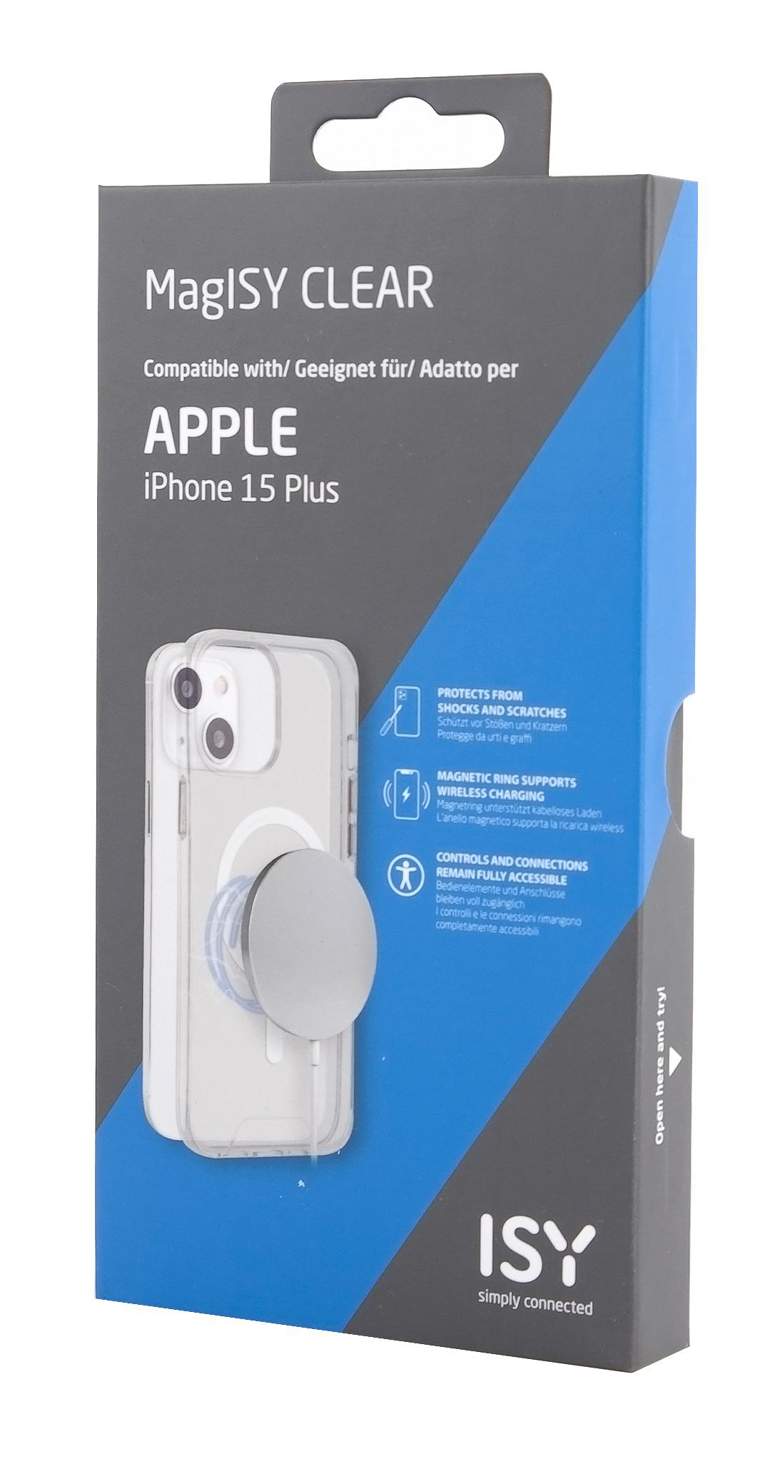 Telefonhüllenbox. Transparente Hülle mit silbernem Ring. Text: 'MagISY CLEAR' und 'iPhone 15 Plus'.