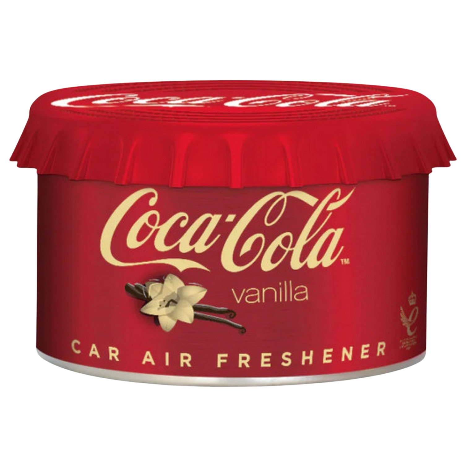 Désodorisant voiture Coca-Cola vanille rouge, récipient rond, bouchon rouge, fond noir.
