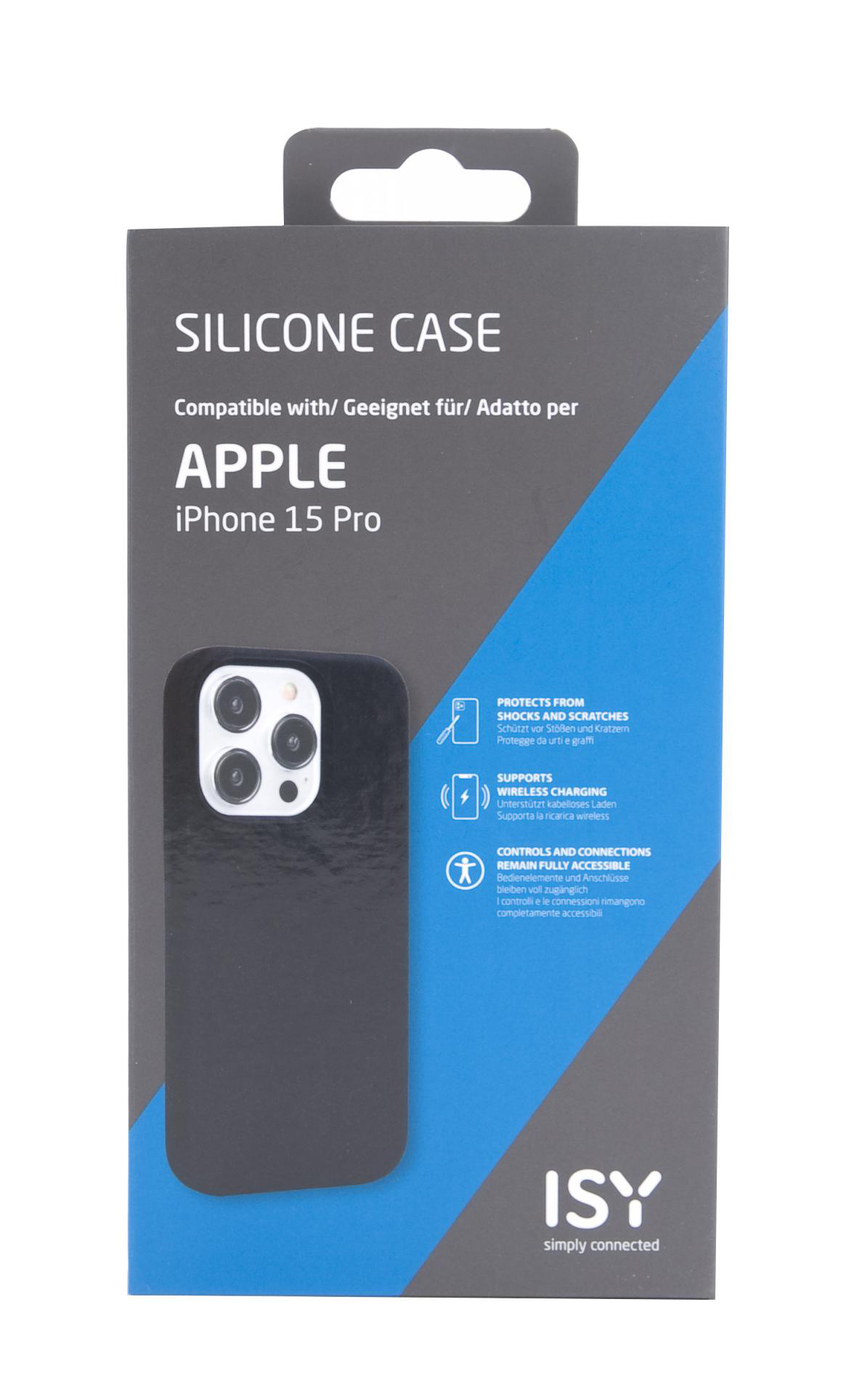 Schwarze Handyhüllenbox mit Text wie 'SILICONE CASE' und 'iPhone 15 Pro'.