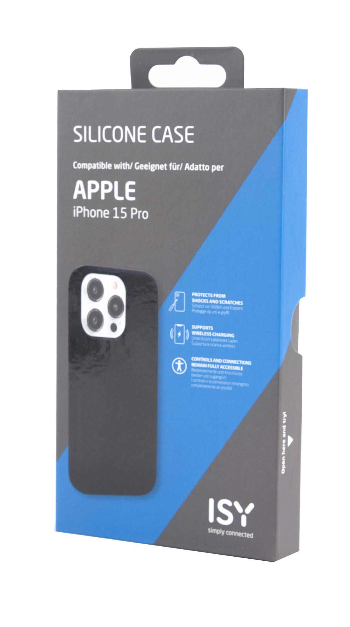 Eine schwarze Silikonhülle für das iPhone 15 Pro wird in ihrer Verpackung gezeigt, vor weißem Hintergrund.