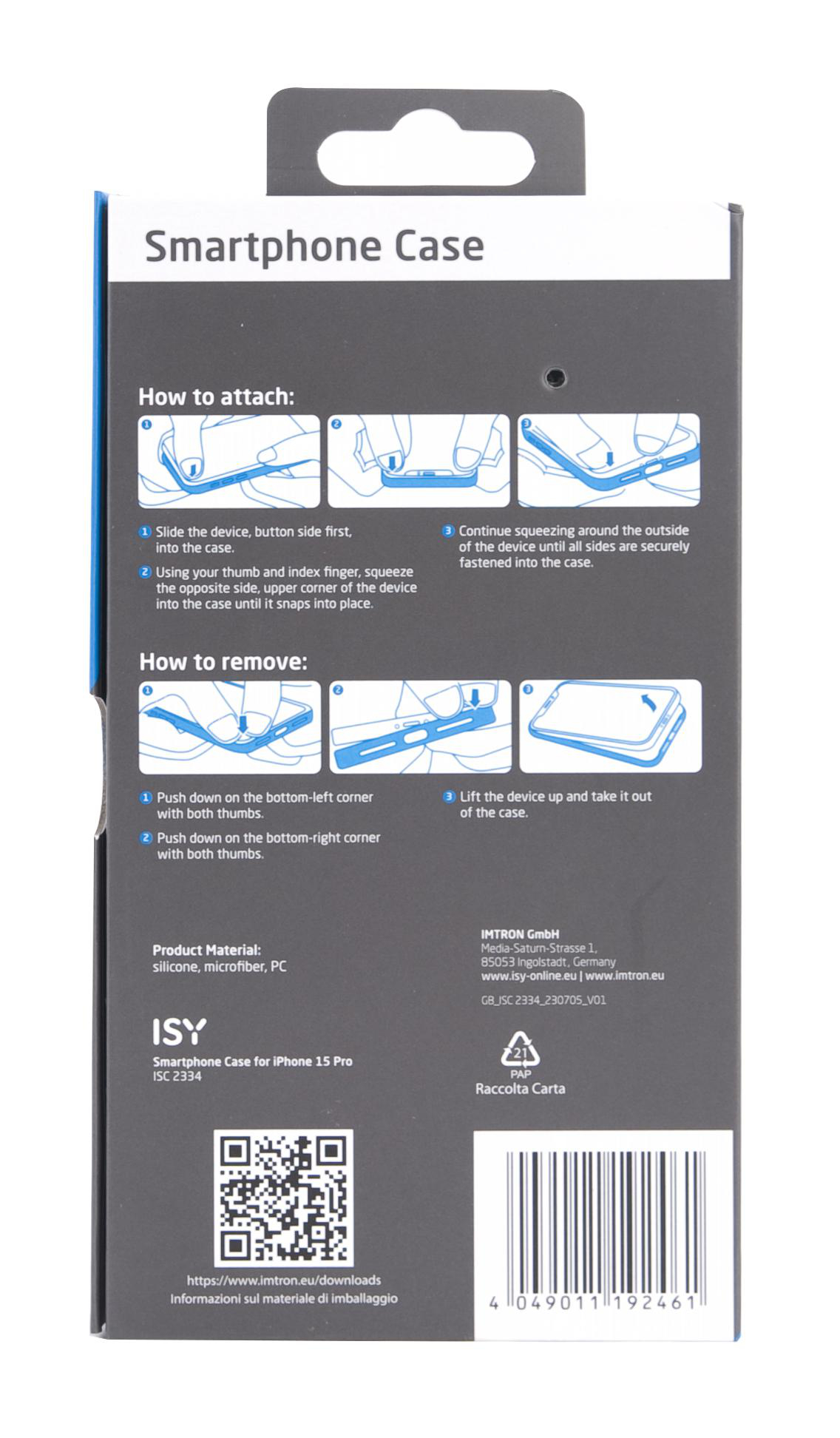 Smartphone-Hüllenverpackung mit Anweisungen und Produktdetails.