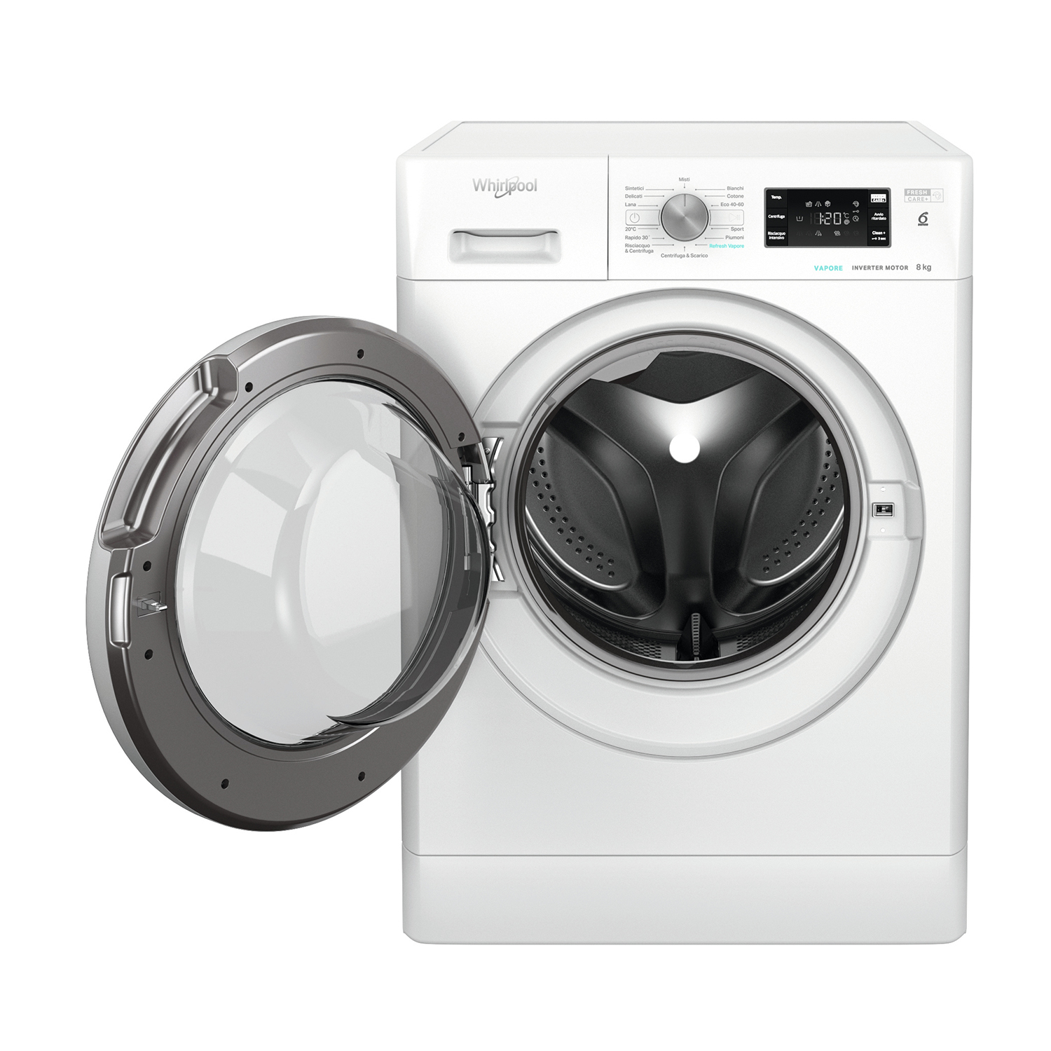 Una lavatrice Whirlpool bianca con la porta aperta, che mostra il cestello.
