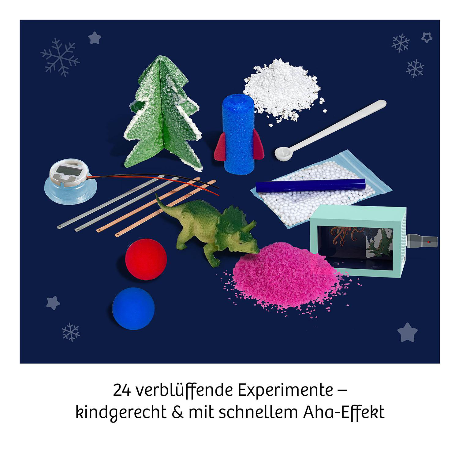 Lernspielzeug, darunter Modelle, Pulver und ein grüner Baum.