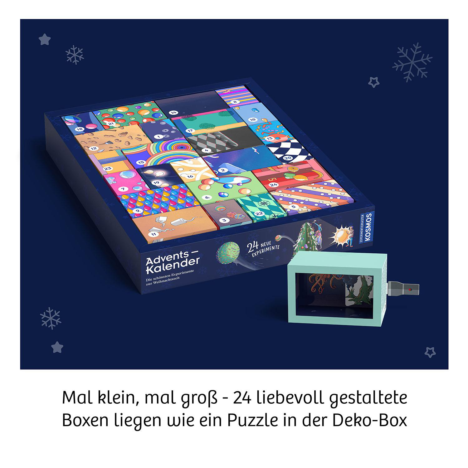 Adventskalenderbox mit 24 Türen. Ein kleines, beleuchtetes Modell rechts, mit USB-Kabel.