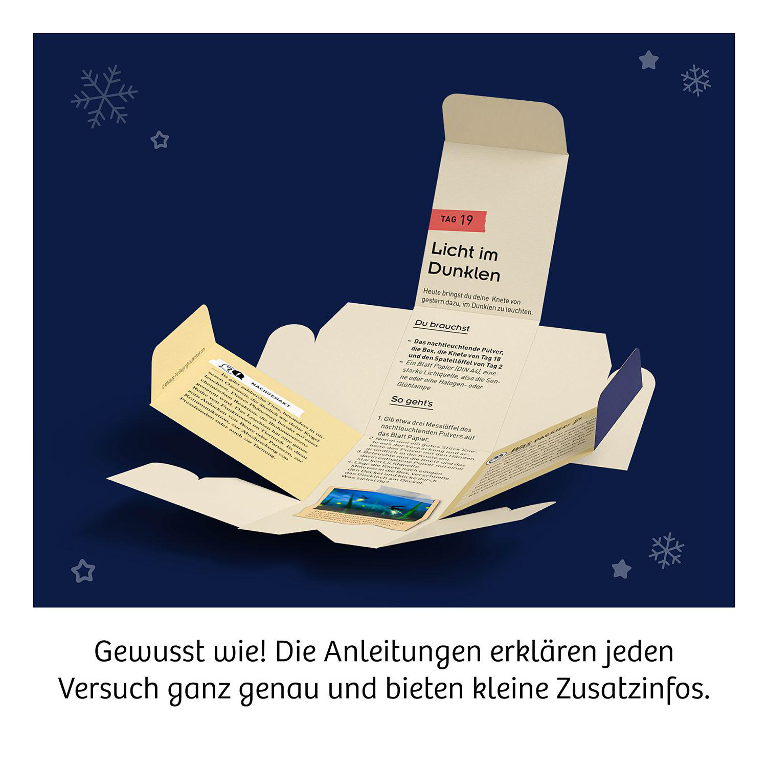 Eine geöffnete Schachtel mit Text und Bildern, die Anweisungen für ein wissenschaftliches Experiment zeigt.
