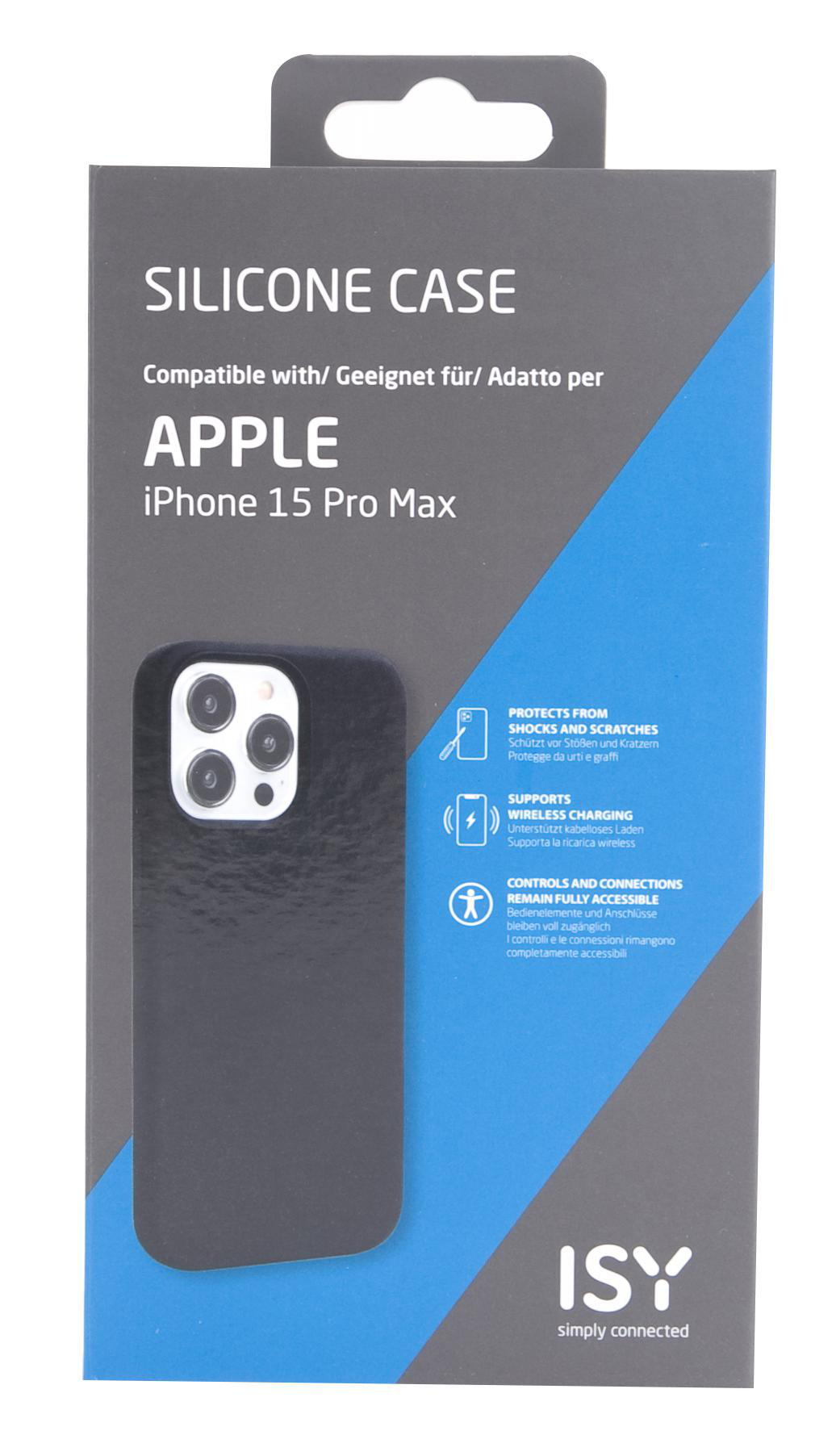 Eine schwarze Handyhüllenverpackung mit einem Bild eines iPhones.