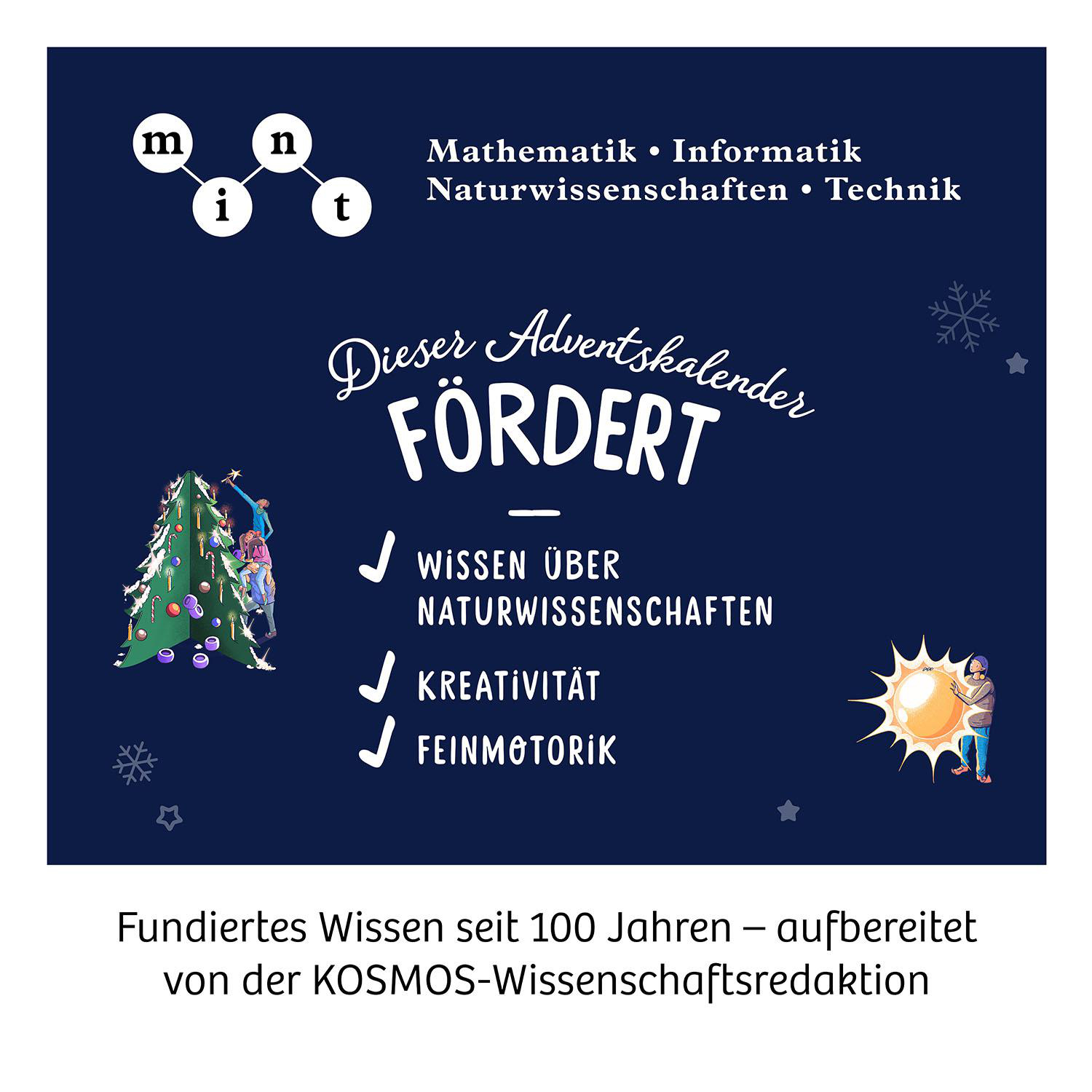 Ein blauer Hintergrund mit einer weißen Grafik, die Wissen, Kreativität und Feinmotorik fördert.