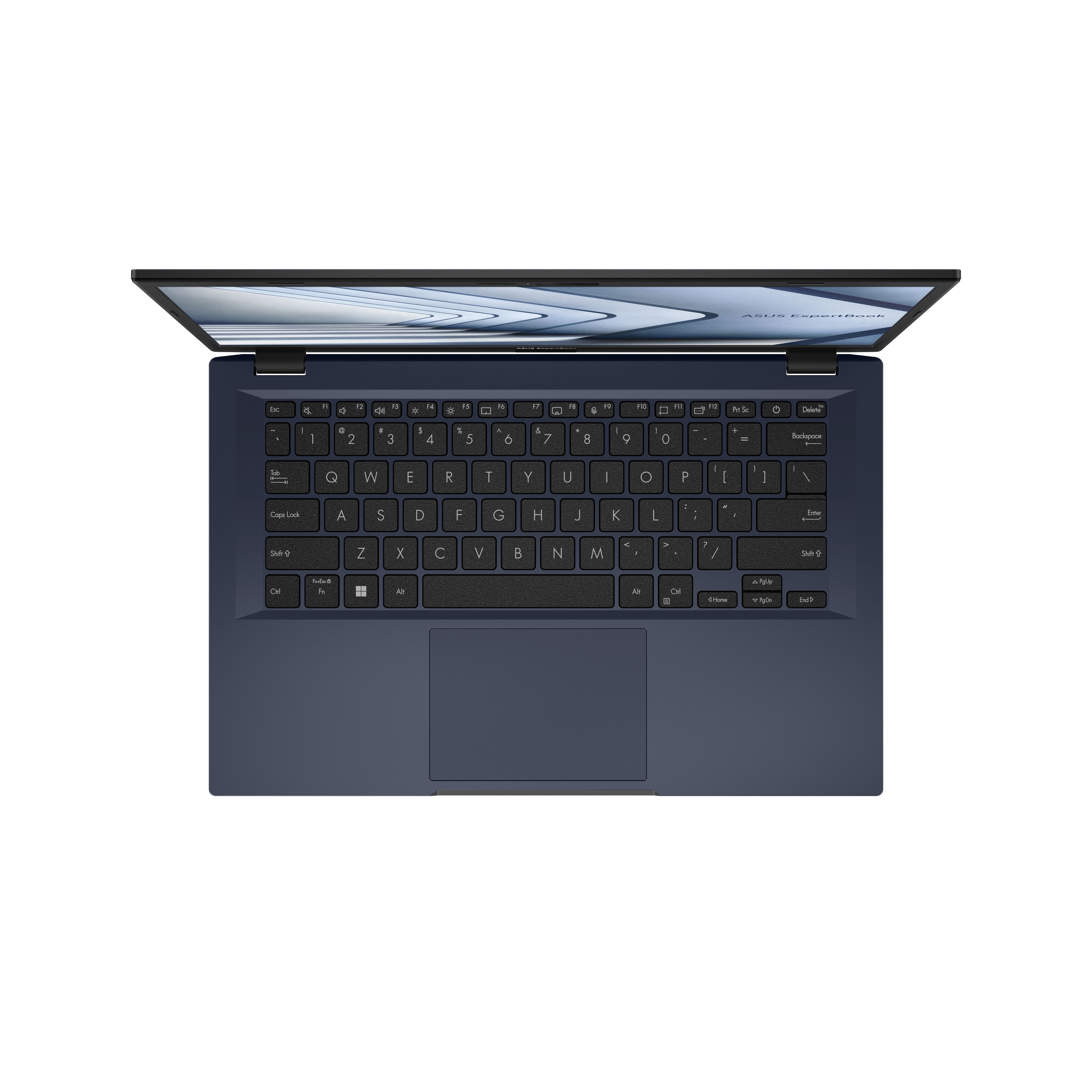 Laptop azul abierto, teclado visible. La pantalla muestra una imagen.