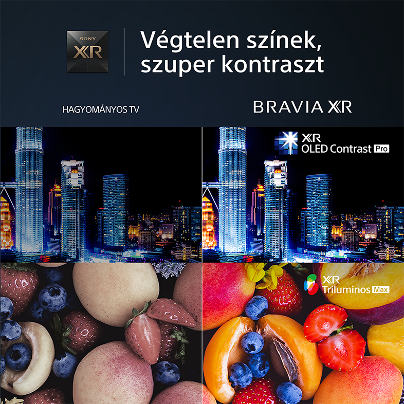 Két TV képernyő összehasonlítása, városképekkel és gyümölcsökkel, 'BRAVIA XR' felirattal.