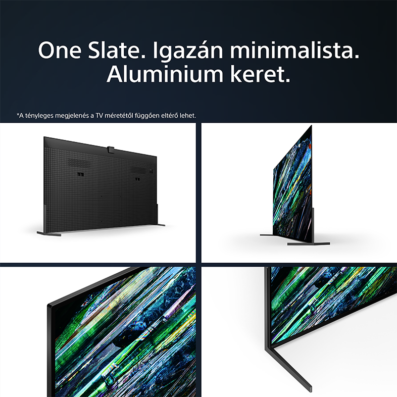 Négy nézet egy lapos képernyős TV-ről, minimalista dizájnnal és fekete alumínium kerettel.