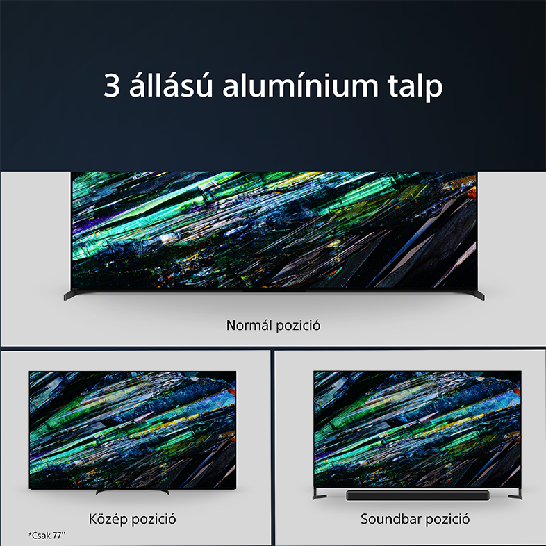Egy TV három megjelenítési pozícióval: normál, középső és soundbar.