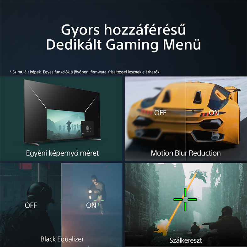 Kép egy TV-ről játékmenüvel, olyan funkciókat mutatva, mint a képernyőméret, a mozgási elmosódás csökkentése.