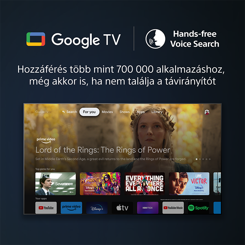 Egy televízió képernyője, amely a Google TV-t jeleníti meg. Több streaming alkalmazás is látható. Hangalapú keresés buborék.