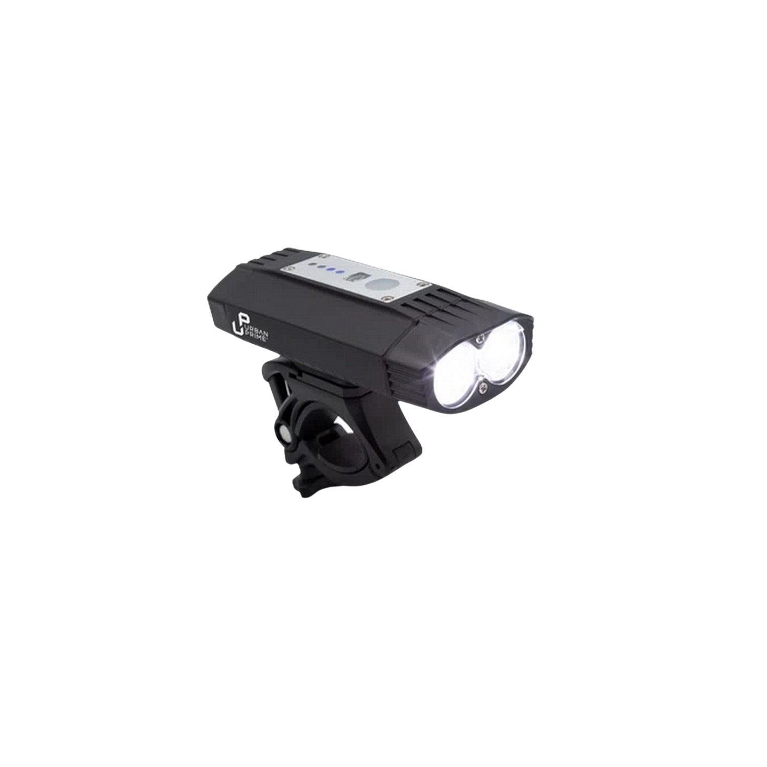 Zwarte fietslamp met twee lampen en een houder. Zwarte achtergrond. Witte lichten.