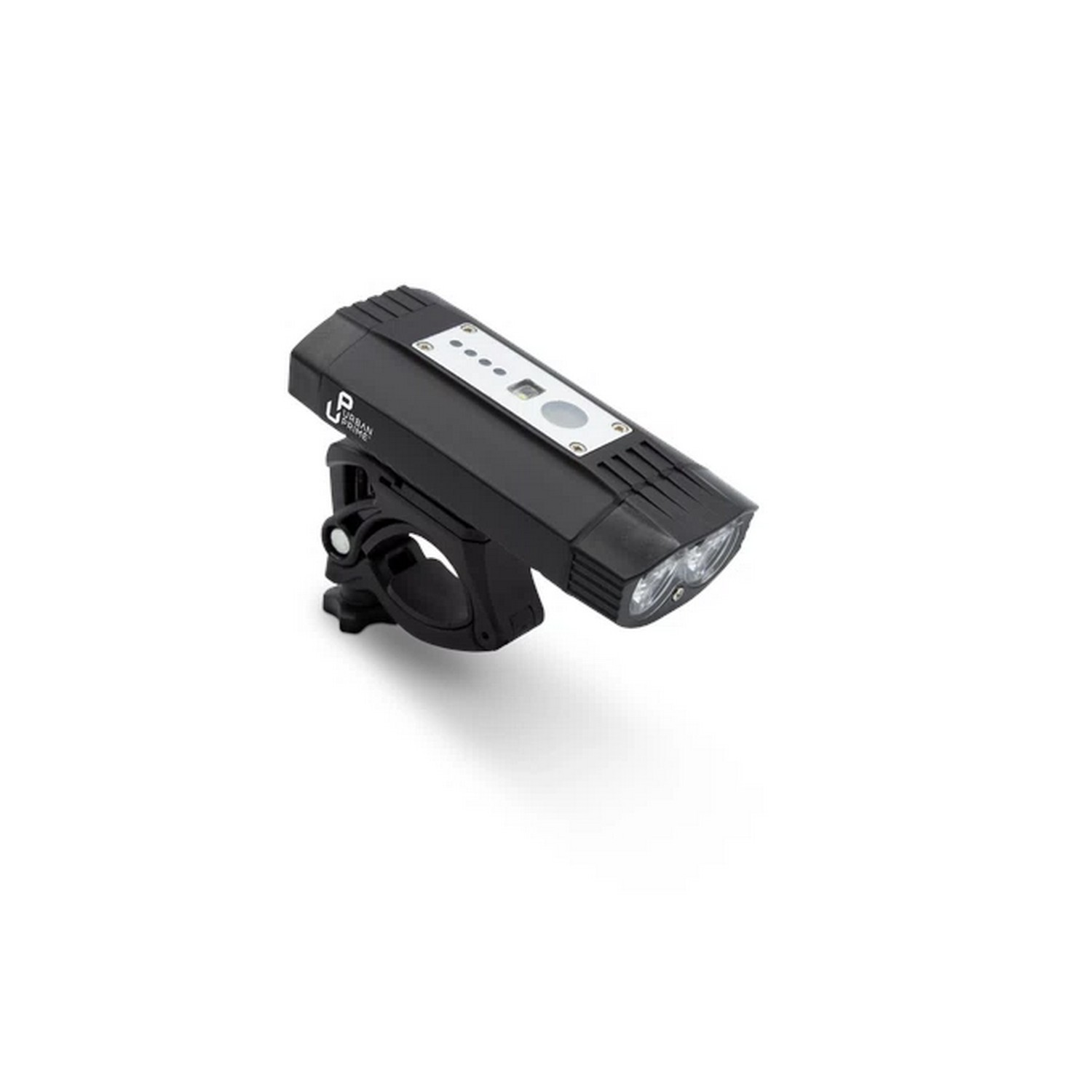 Zwarte fietslamp met twee LED's, gemonteerd op een zwarte beugel, op een witte achtergrond.