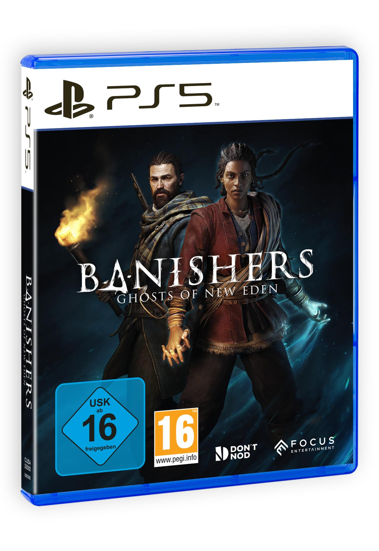 Spielbox für 'Banishers: Ghosts of New Eden' für PS5. Zwei Personen mit Fackel sind auf dem Cover.