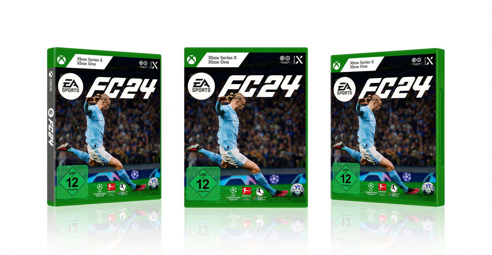 Drei EA Sports FC 24 Spielboxen, jede mit einem Fußballspieler auf dem Cover.